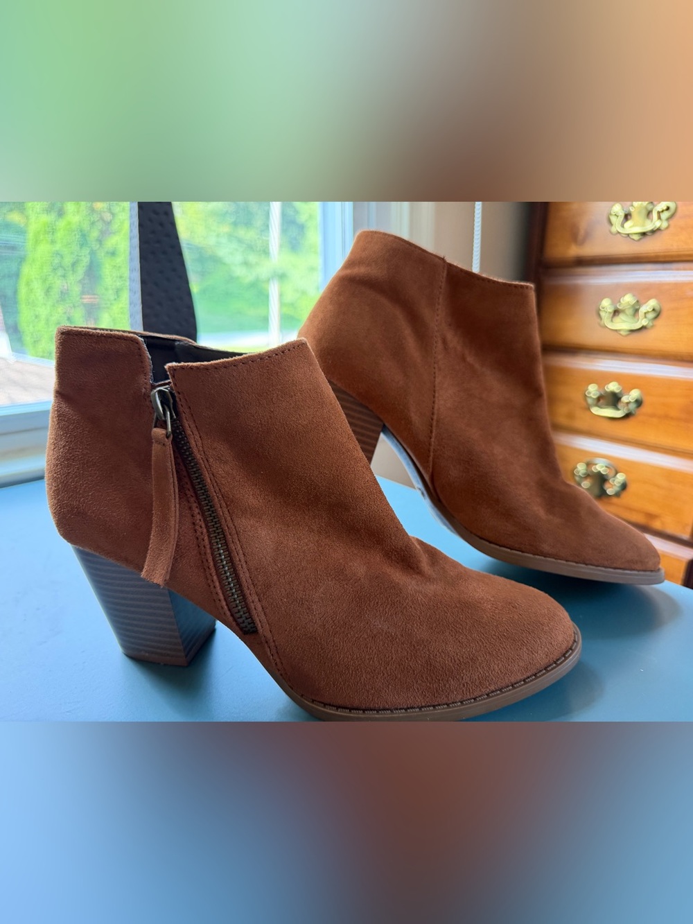 Qupid Brown Suede Ankle Booties with Block Heel